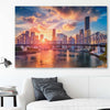 Brisbane Sunset Glow stretched canvas displayed in a room is a high quality print in our city skyline, travel prints and maps collection