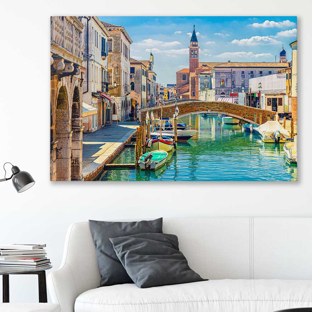 Chioggia Cityscape Italy stretched canvas displayed in a room is a high quality print in our city skyline, travel prints and maps collection