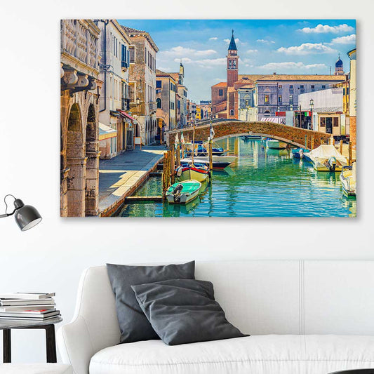 Chioggia Cityscape Italy stretched canvas displayed in a room is a high quality print in our city skyline, travel prints and maps collection