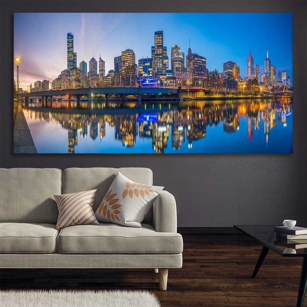 City Reflections Melbourne stretched canvas displayed in a room is a high quality print in our city skyline, travel prints and maps collection
