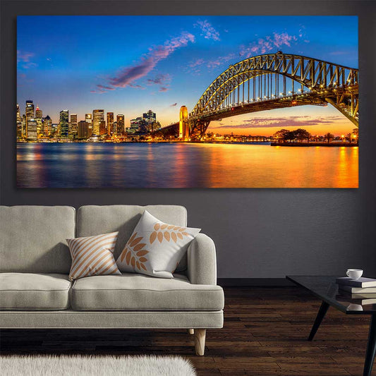 Darling Harbour stretched canvas displayed in a room is a high quality print in our city skyline, travel prints and maps collection