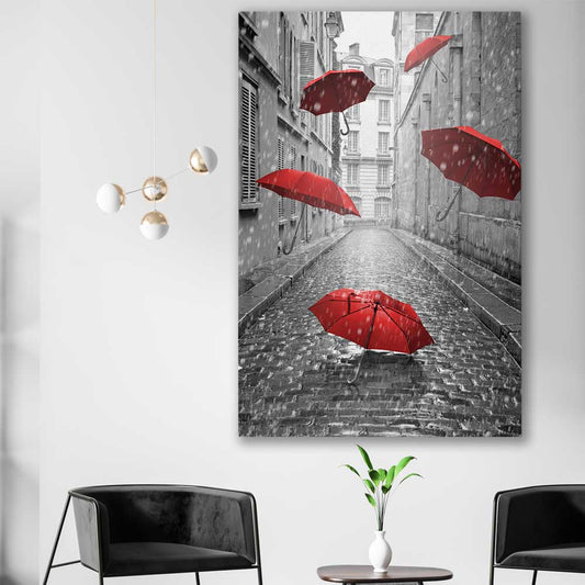 Flying Red Umbrellas stretched canvas displayed in a room is a high quality print in our city skyline, travel prints and maps collection