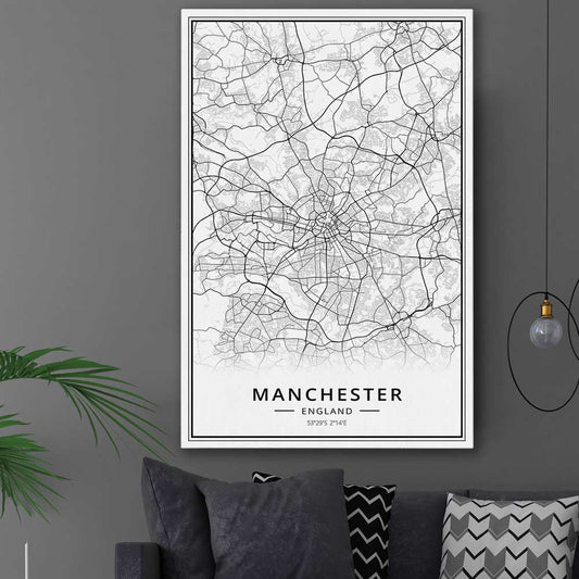 Greater Manchester stretched canvas displayed in a room is a high quality print in our city skyline, travel prints and maps collection