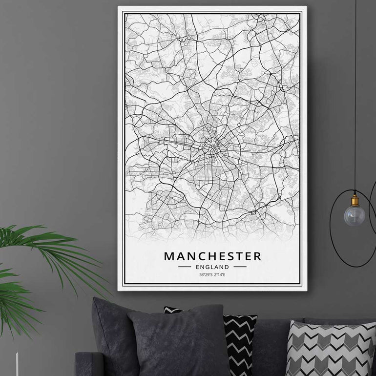 Greater Manchester stretched canvas displayed in a room is a high quality print in our city skyline, travel prints and maps collection