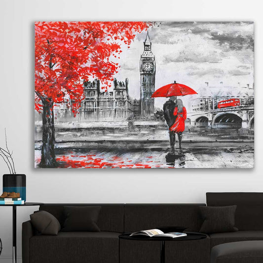 London Affection stretched canvas displayed in a room is a high quality print in our city skyline, travel prints and maps collection