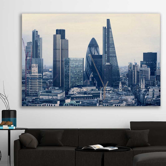 London Cityscape stretched canvas displayed in a room is a high quality print in our city skyline, travel prints and maps collection