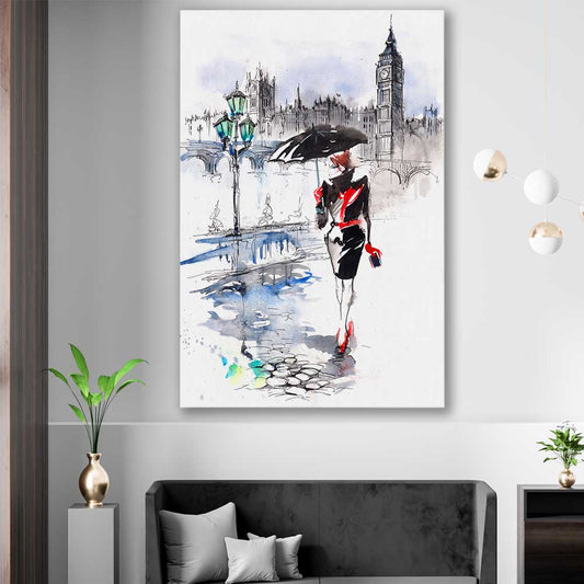 London Elegance stretched canvas displayed in a room is a high quality print in our city skyline, travel prints and maps collection