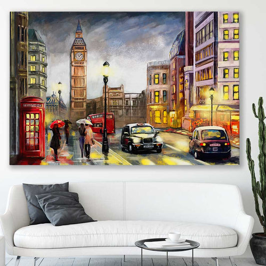 London Night Rain stretched canvas displayed in a room is a high quality print in our city skyline, travel prints and maps collection