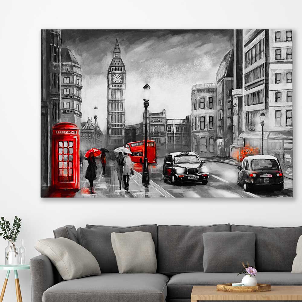 London Streetscape stretched canvas displayed in a room is a high quality print in our city skyline, travel prints and maps collection