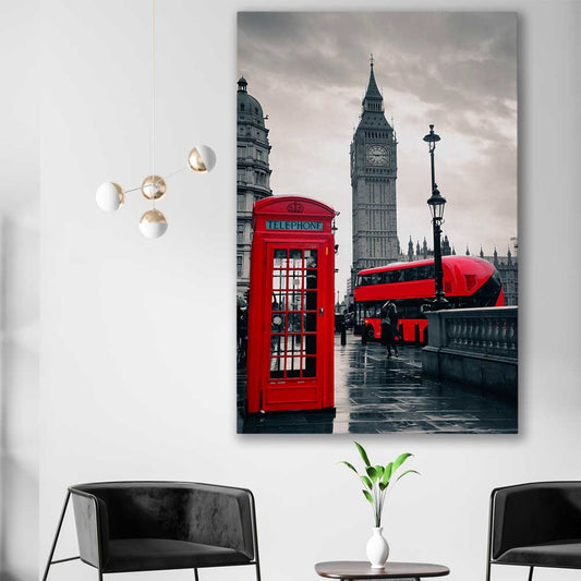 London Telephone Box stretched canvas displayed in a room is a high quality print in our city skyline, travel prints and maps collection