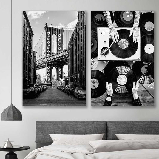 Manhattan Bridge Pair stretched canvas displayed in a room is a high quality print in our city skyline, travel prints and maps collection