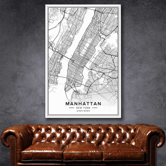 Manhattan City stretched canvas displayed in a room is a high quality print in our city skyline, travel prints and maps collection