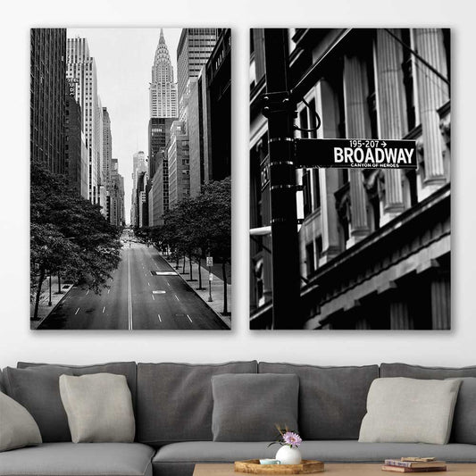 Manhattan Street Pair stretched canvas displayed in a room is a high quality print in our city skyline, travel prints and maps collection