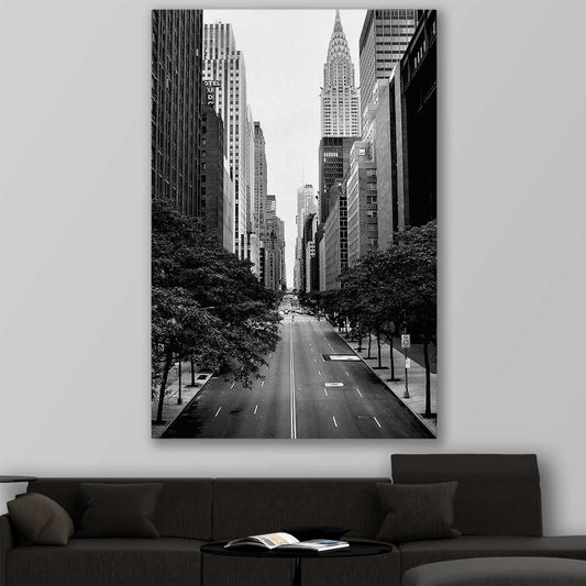 Manhattan Street stretched canvas displayed in a room is a high quality print in our city skyline, travel prints and maps collection