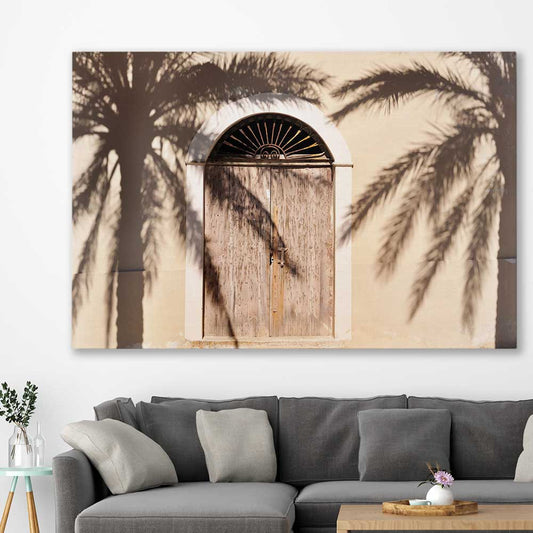 Marrakech Palm Shadows stretched canvas displayed in a room is a high quality print in our city skyline, travel prints and maps collection