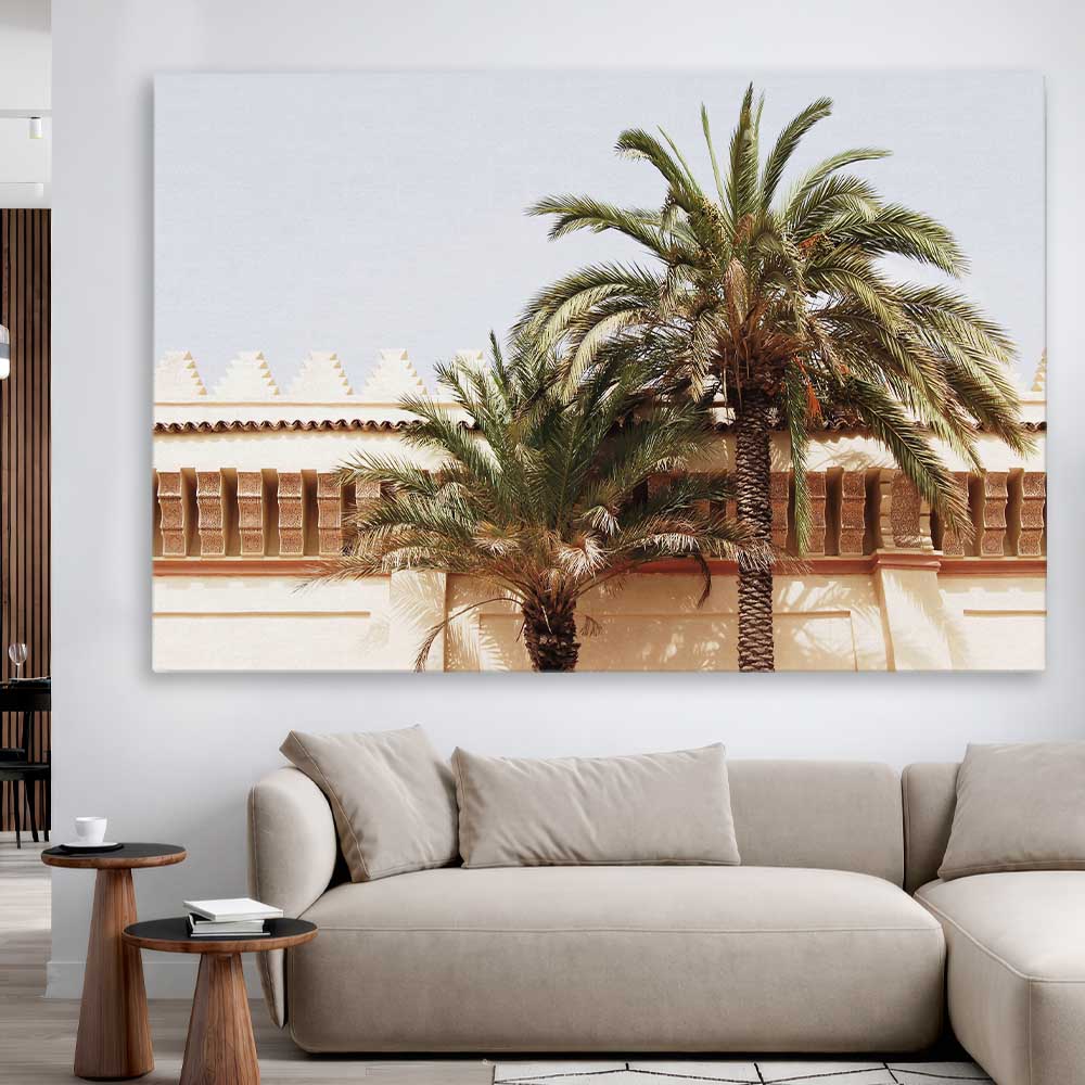 Marrakech Palm Walls stretched canvas displayed in a room is a high quality print in our city skyline, travel prints and maps collection