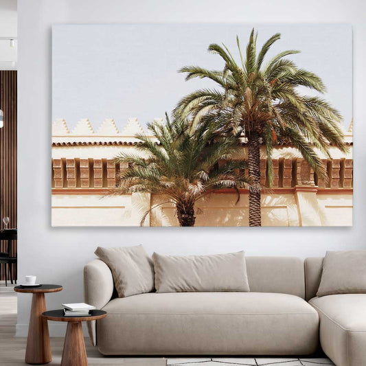Marrakech Palm Walls stretched canvas displayed in a room is a high quality print in our city skyline, travel prints and maps collection