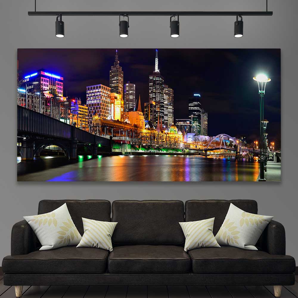 Melbourne City Lights stretched canvas displayed in a room is a high quality print in our city skyline, travel prints and maps collection