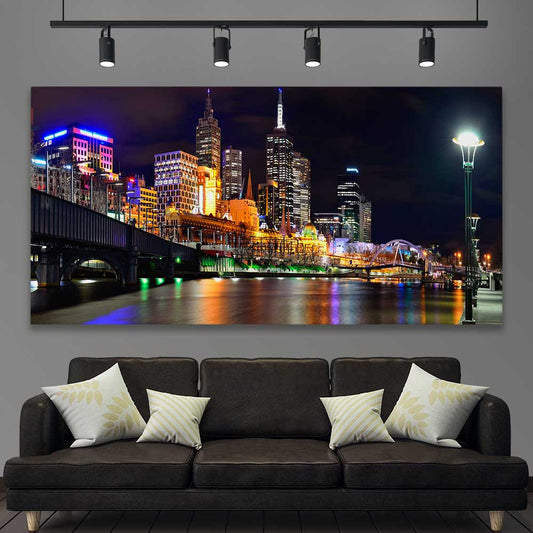 Melbourne City Lights stretched canvas displayed in a room is a high quality print in our city skyline, travel prints and maps collection