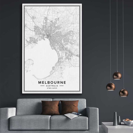 Melbourne City stretched canvas displayed in a room is a high quality print in our city skyline, travel prints and maps collection