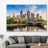 Melbourne Golden Skyline stretched canvas displayed in a room is a high quality print in our city skyline, travel prints and maps collection