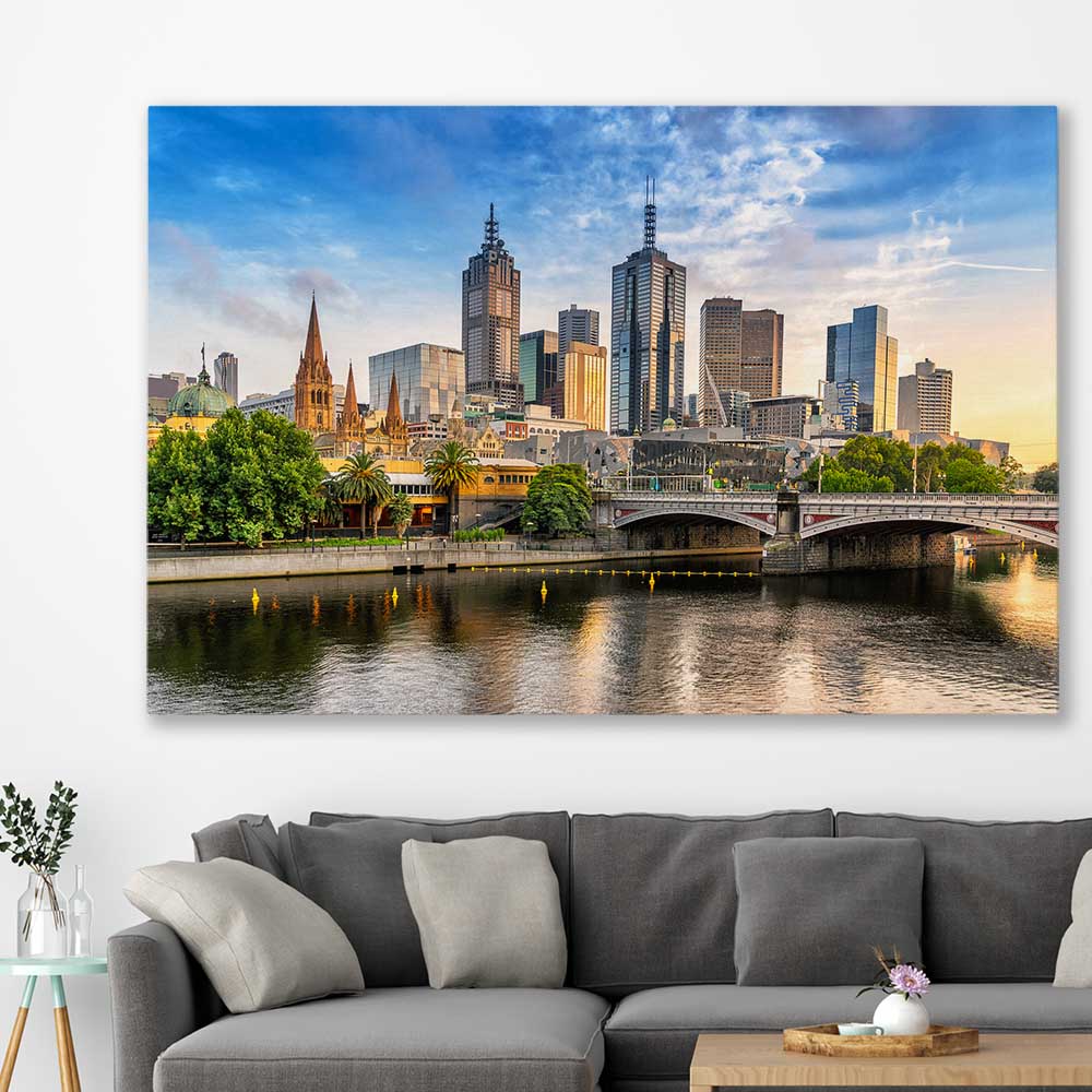 Melbourne Golden Skyline stretched canvas displayed in a room is a high quality print in our city skyline, travel prints and maps collection