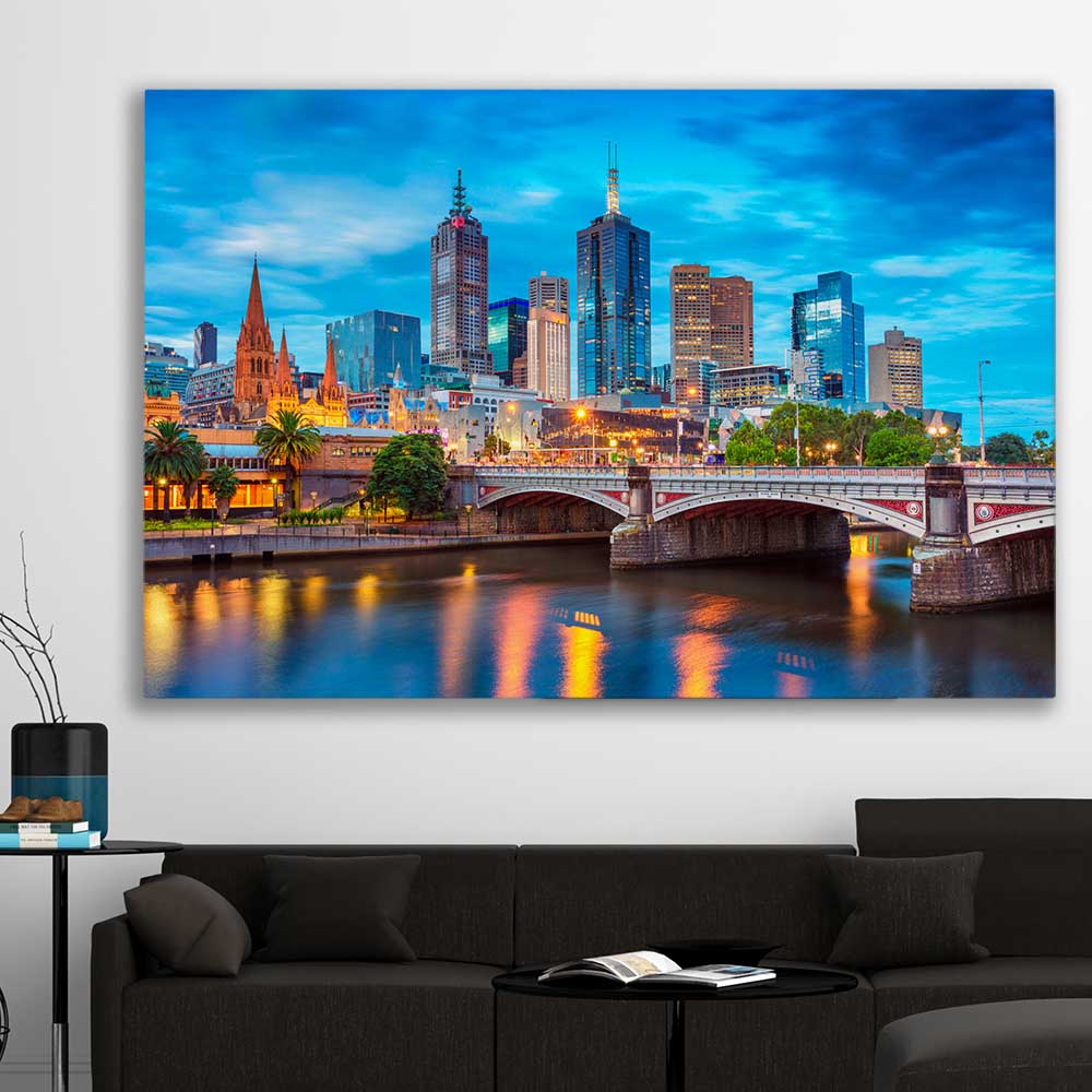 Melbourne Twilight Skyline stretched canvas displayed in a room is a high quality print in our city skyline, travel prints and maps collection