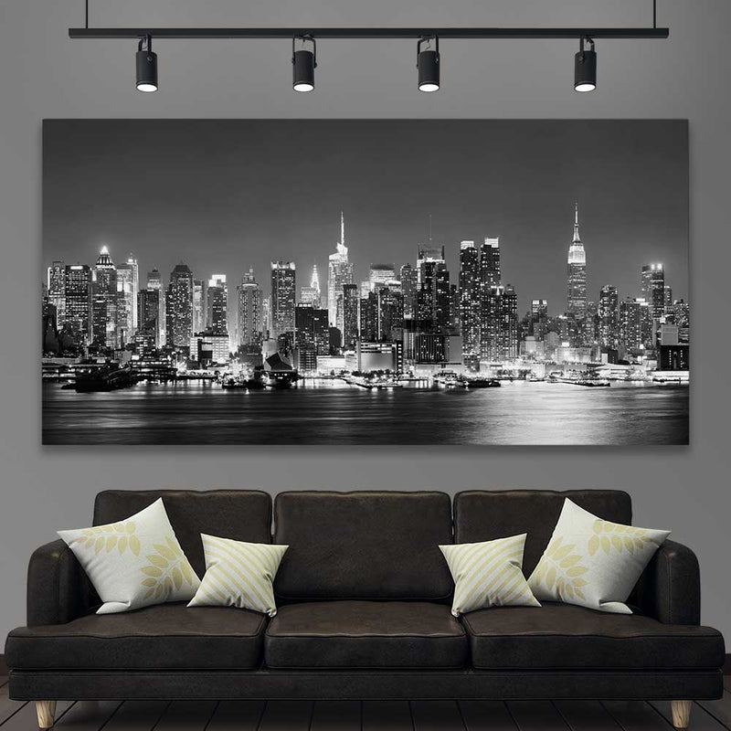 Midtown Manhattan stretched canvas displayed in a room is a high quality print in our city skyline, travel prints and maps collectioncanvas in a styled room