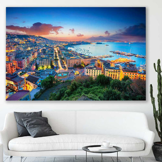 Naples City Lights stretched canvas displayed in a room is a high quality print in our city skyline, travel prints and maps collection