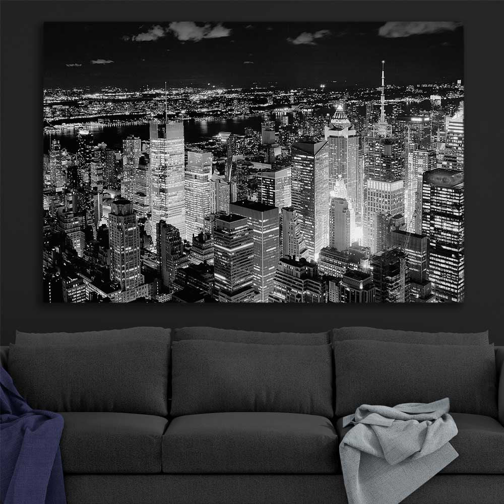 New York Cityscape stretched canvas displayed in a room is a high quality print in our city skyline, travel prints and maps collection