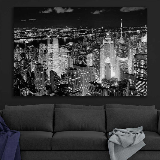 New York Cityscape stretched canvas displayed in a room is a high quality print in our city skyline, travel prints and maps collection
