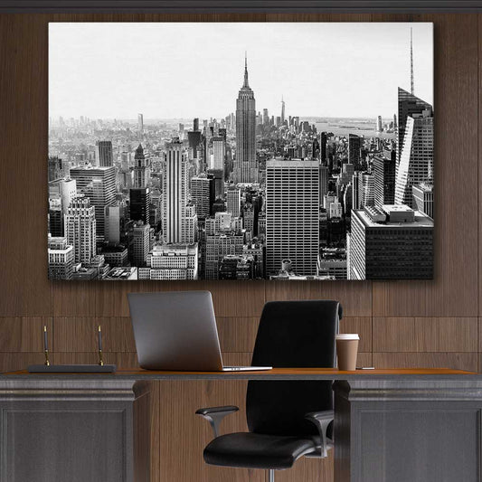 New York Skyline stretched canvas displayed in a room is a high quality print in our city skyline, travel prints and maps collection