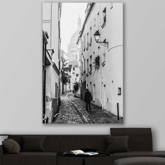 Paris Alley stretched canvas displayed in a room is a high quality print in our city skyline, travel prints and maps collection