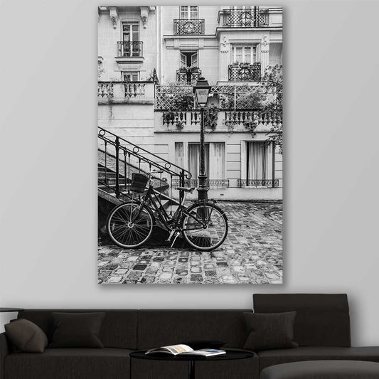 Paris Bicycle stretched canvas displayed in a room is a high quality print in our city skyline, travel prints and maps collection