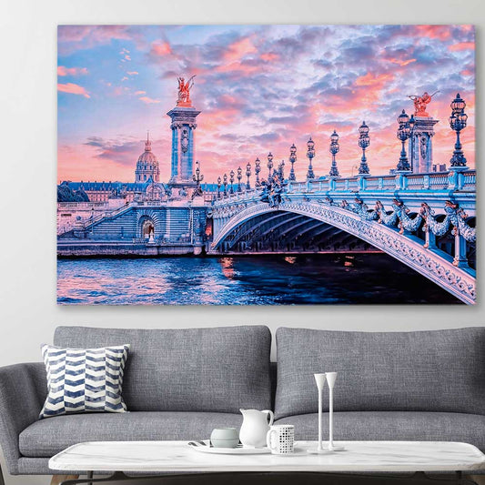 Paris Bridge Sunset stretched canvas displayed in a room is a high quality print in our city skyline, travel prints and maps collection