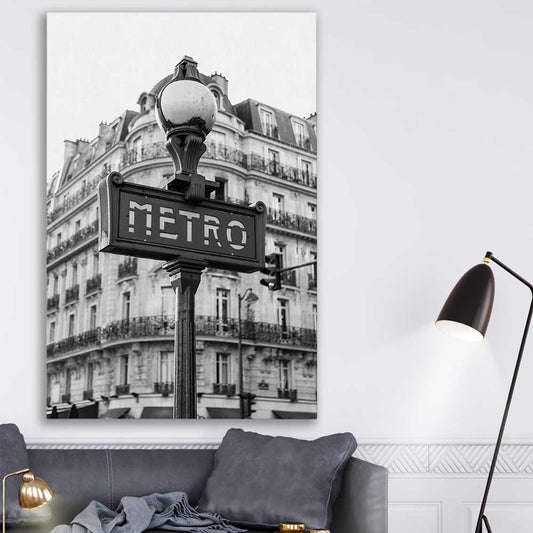Paris Metro stretched canvas displayed in a room is a high quality print in our city skyline, travel prints and maps collection