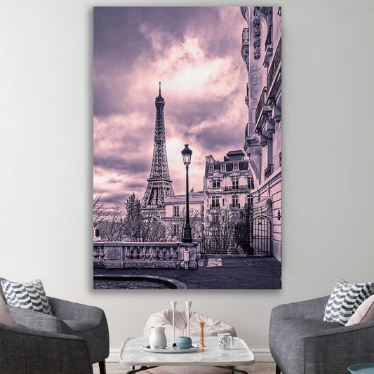 Paris Skyline Noir stretched canvas displayed in a room is a high quality print in our city skyline, travel prints and maps collection