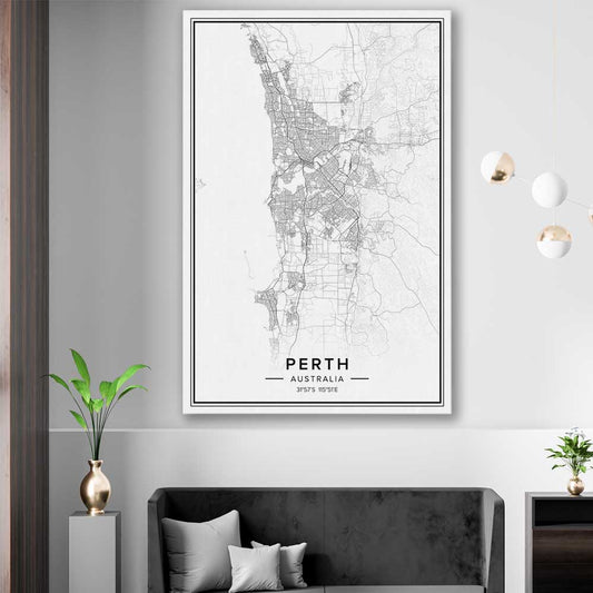 Perth City stretched canvas displayed in a room is a high quality print in our city skyline, travel prints and maps collection