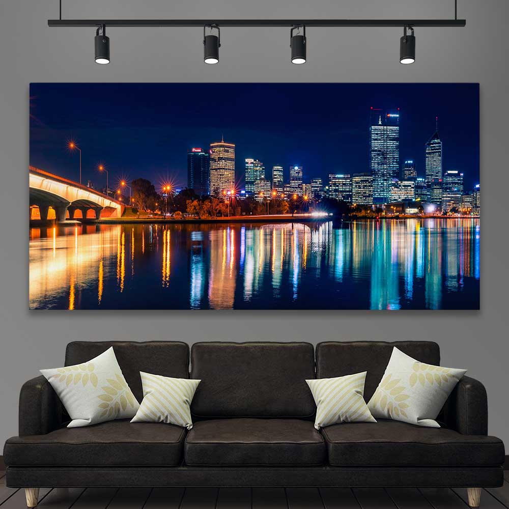 Perth Skyline Glow stretched canvas displayed in a room is a high quality print in our city skyline, travel prints and maps collection