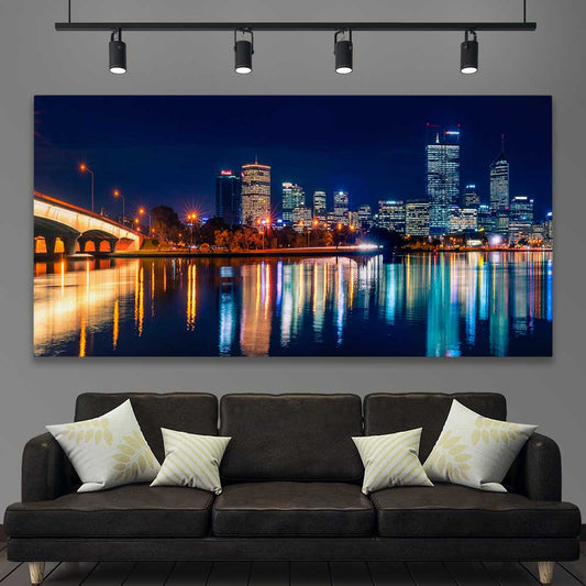 Perth Skyline Glow stretched canvas displayed in a room is a high quality print in our city skyline, travel prints and maps collection