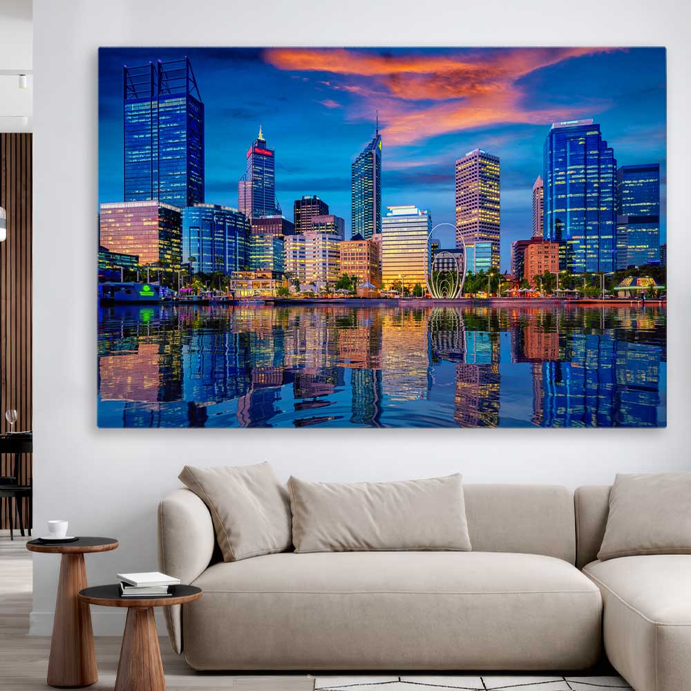 Perth Skyline Sunset stretched canvas displayed in a room is a high quality print in our city skyline, travel prints and maps collection