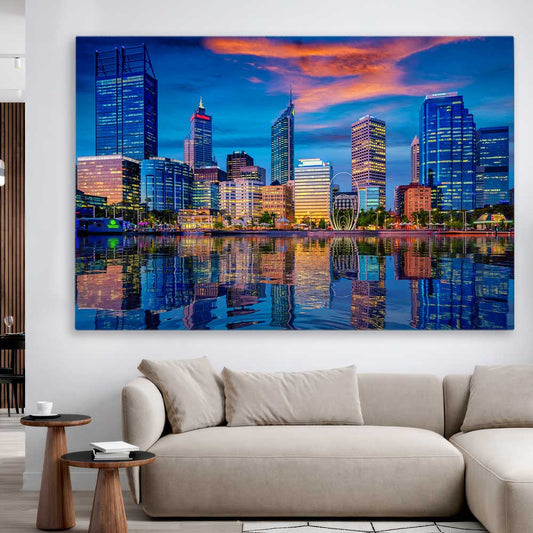 Perth Skyline Sunset stretched canvas displayed in a room is a high quality print in our city skyline, travel prints and maps collection