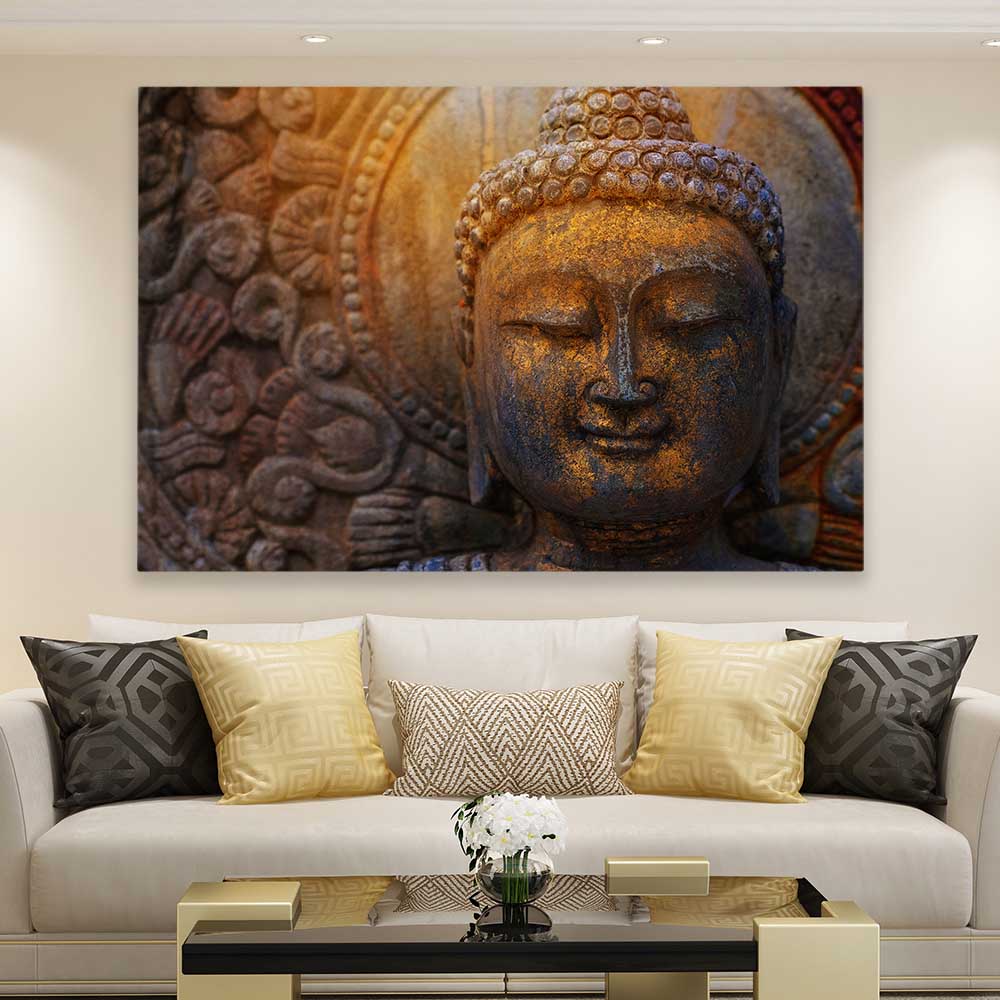 Rock Buddha stretched canvas displayed in a room is a high quality print in our city skyline, travel prints and maps collection