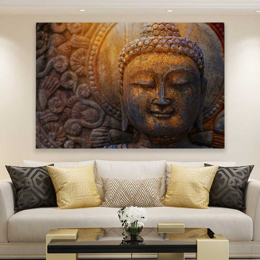 Rock Buddha stretched canvas displayed in a room is a high quality print in our city skyline, travel prints and maps collection