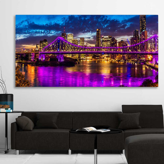 Story Bridge Glow stretched canvas displayed in a room is a high quality print in our city skyline, travel prints and maps collection