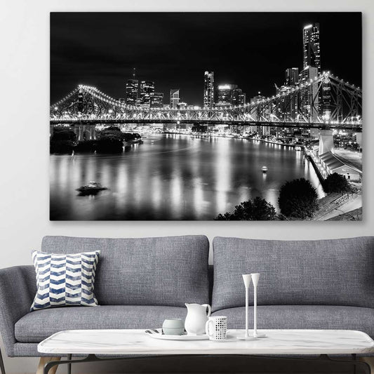 Story Bridge Monochrome stretched canvas displayed in a room is a high quality print in our city skyline, travel prints and maps collection