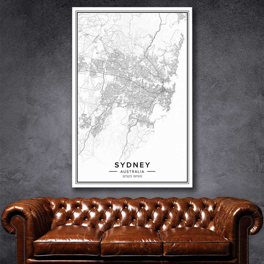 Sydney City stretched canvas displayed in a room is a high quality print in our city skyline, travel prints and maps collection