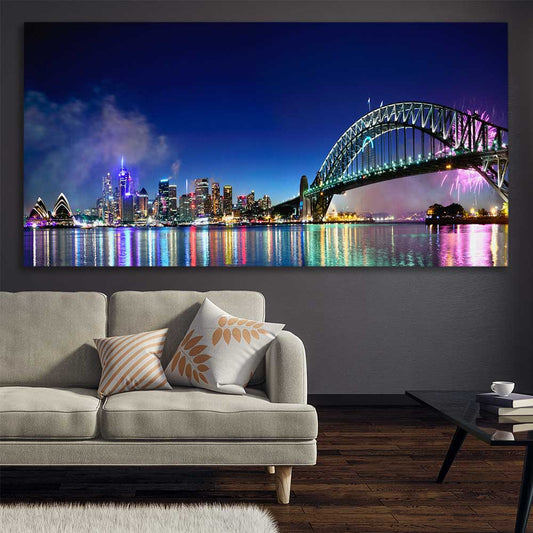 Sydney Harbour Lights stretched canvas displayed in a room is a high quality print in our city skyline, travel prints and maps collection