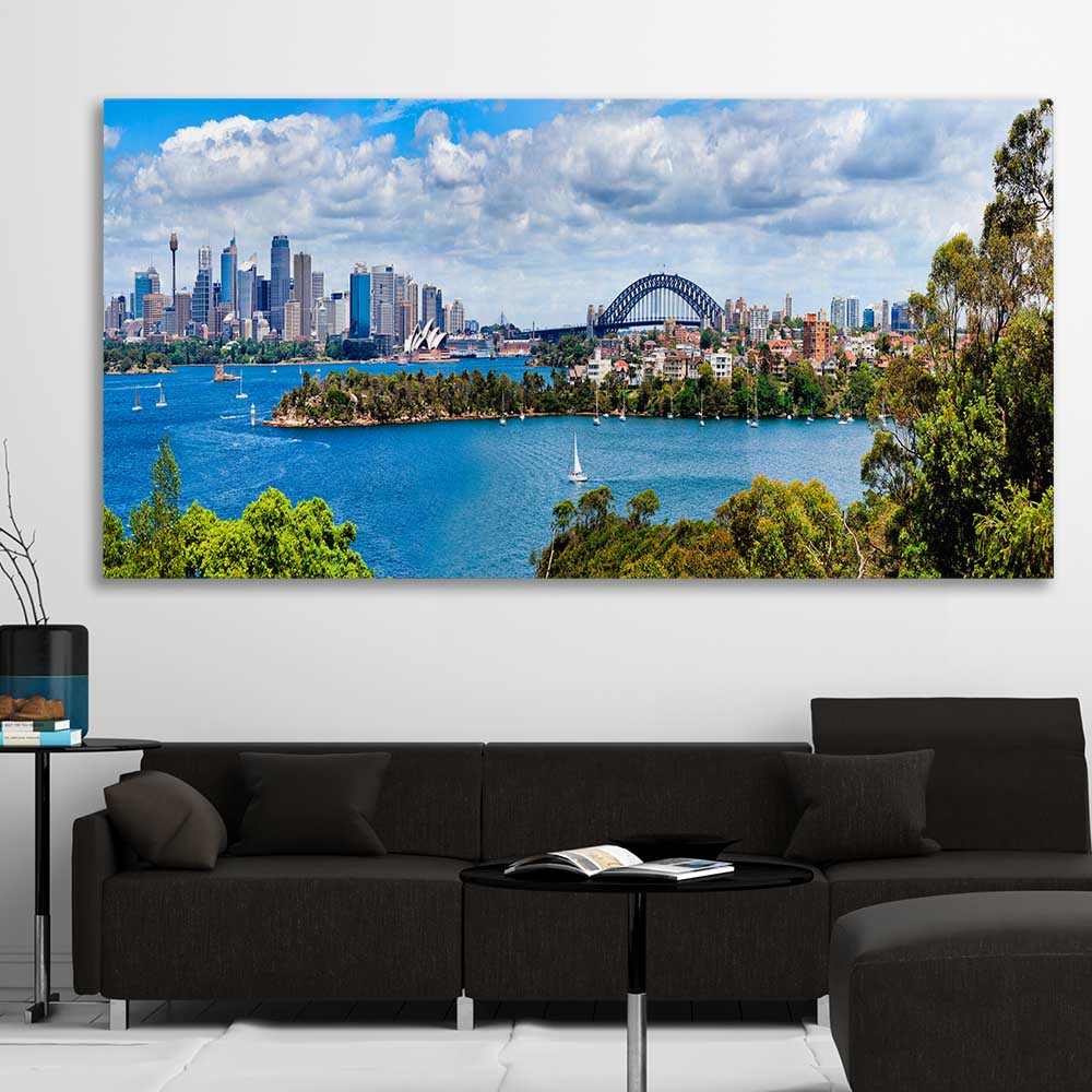 Sydney Harbour Panorama stretched canvas displayed in a room is a high quality print in our city skyline, travel prints and maps collection