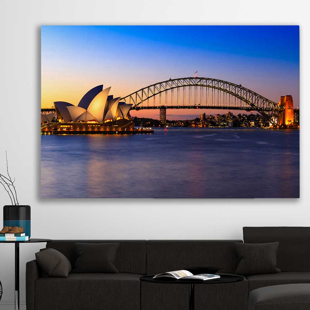 Sydney Harbour Sunset stretched canvas displayed in a room is a high quality print in our city skyline, travel prints and maps collection